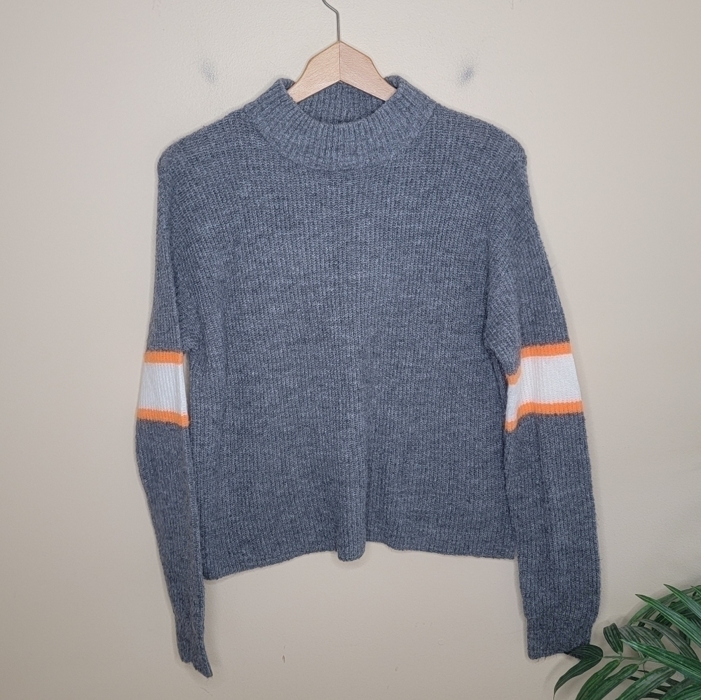 John + Jenn Gray Mockneck with Orange White Varsity Stripes on Sleeve